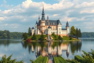 Schwerini kastély a tó közepén, mesebeli tornyokkal és romantikus tájjal.
