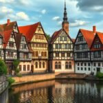 Bamberg történelmi házai a folyóparton, Kis Velence bájával.