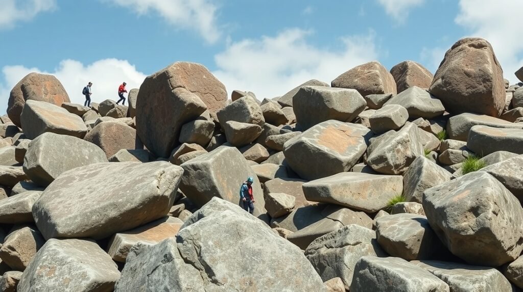 Mászás a kőtömbök között a Felsenmeer sziklasoknál Odenwaldban.