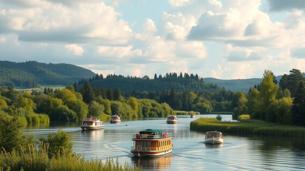 Lakóhajók a Mecklenburgi-tóvidéken, festői tájban