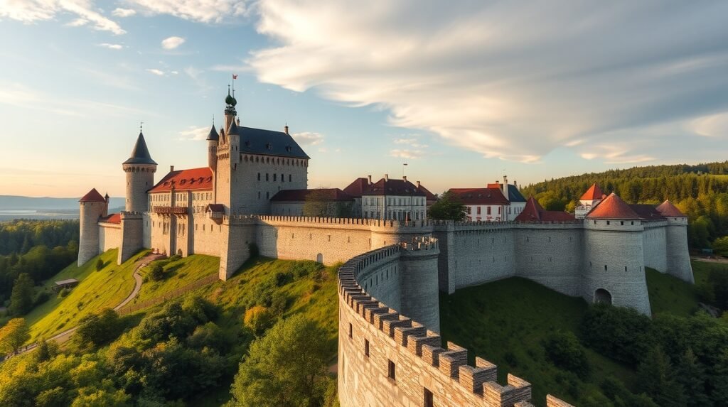 Burghausen vára és a világ leghosszabb várfalai a naplementében