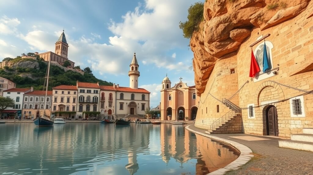 Nin város látképe, az oszlopos templom és házak a tengerparton.