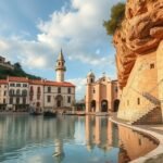 Nin város látképe, az oszlopos templom és házak a tengerparton.