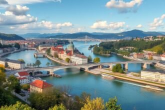 Panoráma Passau városáról, ahol a Duna, Inn és Ilz folyók találkoznak.