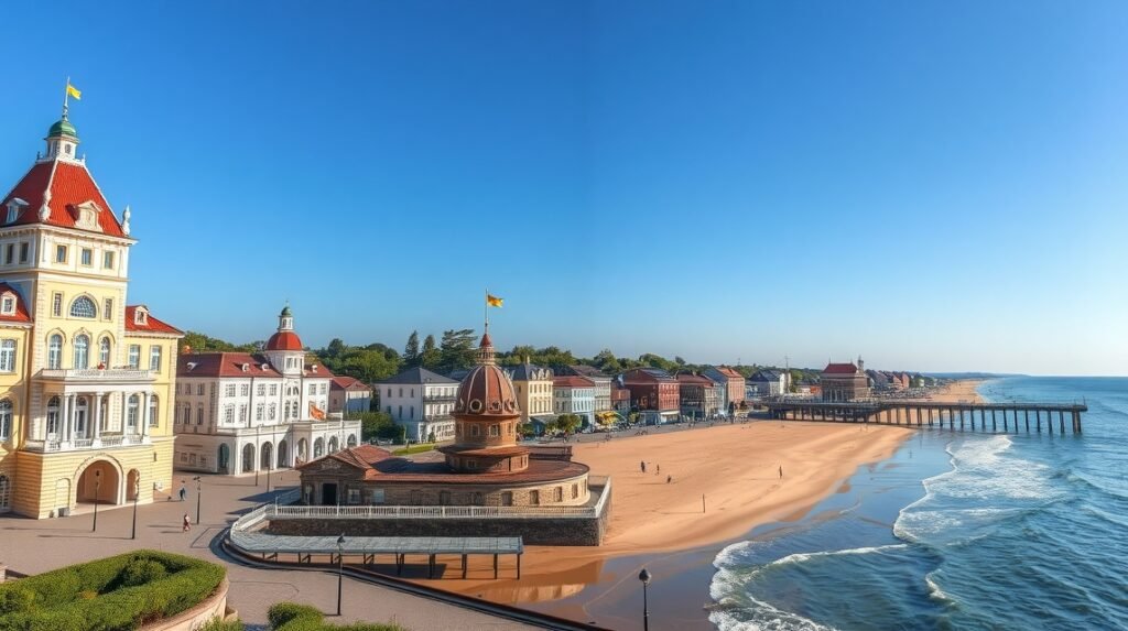 Usedom szigete homokos partja és császári fürdővárosainak látképe.