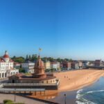 Usedom szigete homokos partja és császári fürdővárosainak látképe.