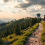 Panoráma a Großer Arber felé vezető útról, radarállomással a háttérben.