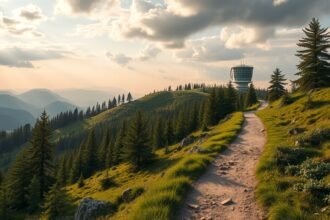 Panoráma a Großer Arber felé vezető útról, radarállomással a háttérben.