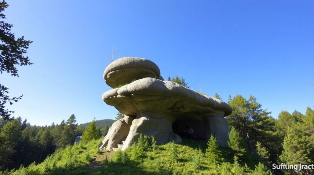 Teufelstisch, a bizarre mushroom-shaped rock in the Pfalzi-erdő, Germany.