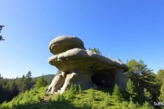 Teufelstisch, a bizarre mushroom-shaped rock in the Pfalzi-erdő, Germany.