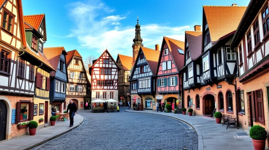 Kanyargó középkori utca Quedlinburgban, favázas házakkal