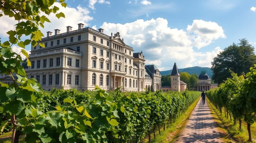 Würzburgi érseki palota a szőlőskertek között, barokk építészet