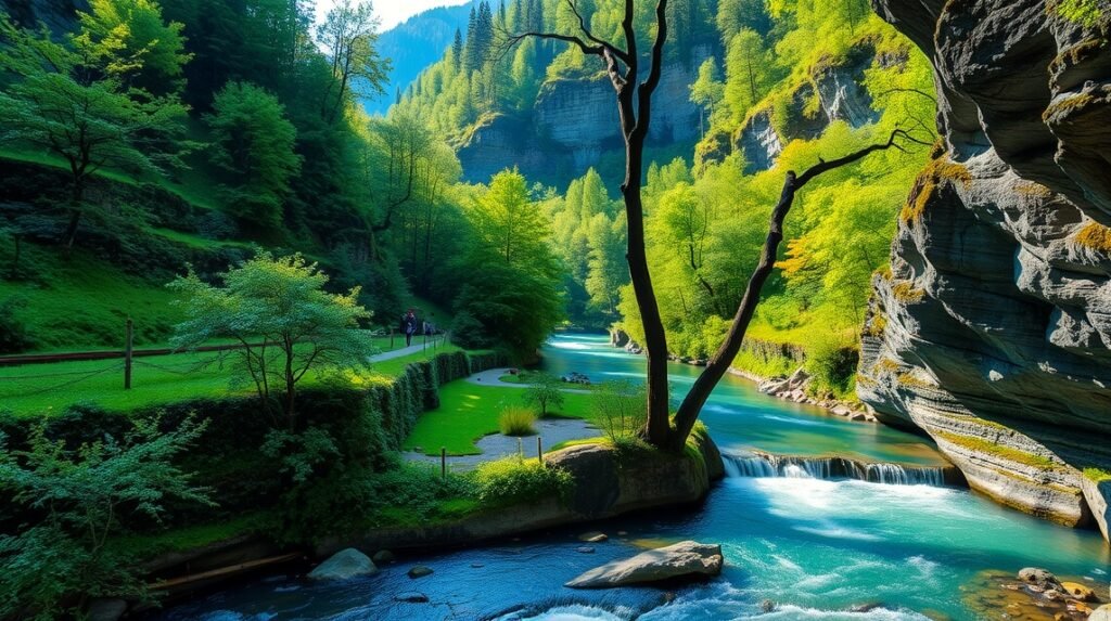 Almbachklamm szurdok, zöld táj és vízesés, nyugodt kirándulás