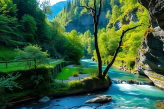 Almbachklamm szurdok, zöld táj és vízesés, nyugodt kirándulás