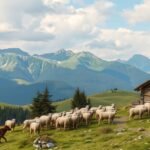 Pásztorkutya és nyáj a hegyekben, természetes tájban