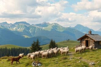 Pásztorkutya és nyáj a hegyekben, természetes tájban
