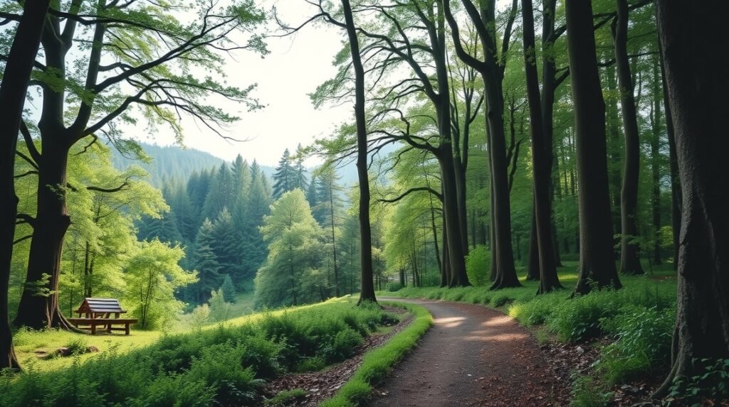 Zöld erdő a Kellerwald-Edersee Nemzeti Parkban, séta ösvény mentén