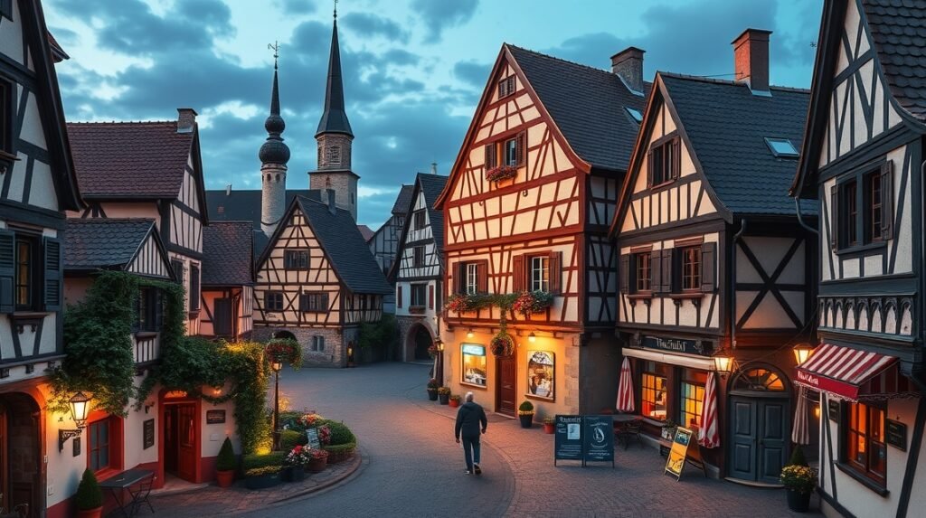 Dinkelsbühl középkori városkép színes favázas házakkal és tornyokkal.