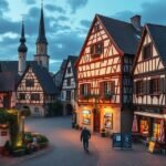 Dinkelsbühl középkori városkép színes favázas házakkal és tornyokkal.