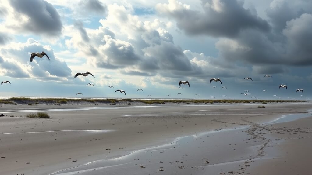 Szőke tengerpart és madarak a Fischland-Darß-Zingst közelében