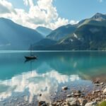 Walchensee türkizkék vize és alpesi tája hajóval.