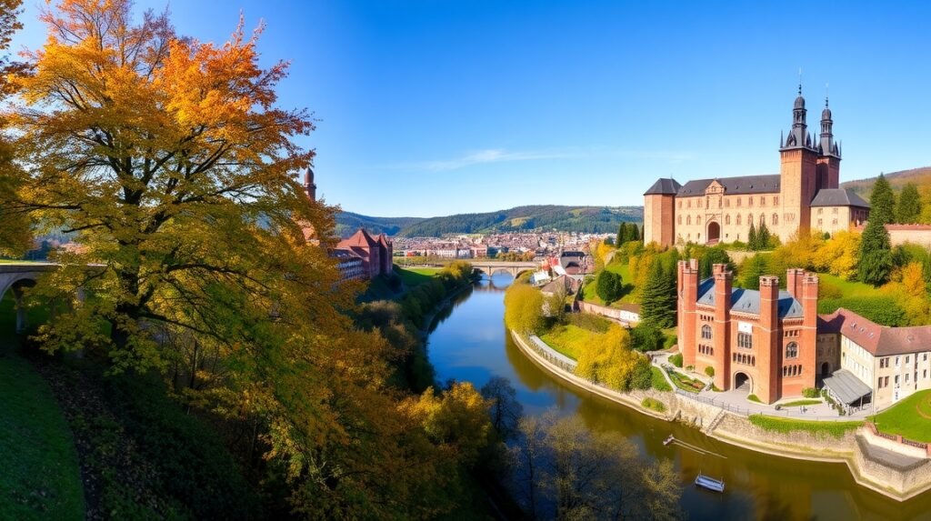 Őszi panoráma Heidelberg romantikus várromra és folyóra