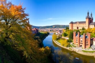 Őszi panoráma Heidelberg romantikus várromra és folyóra