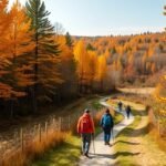 Csodás őszi táj a Türingiai-erdőben, túrázók fenyvesek között.