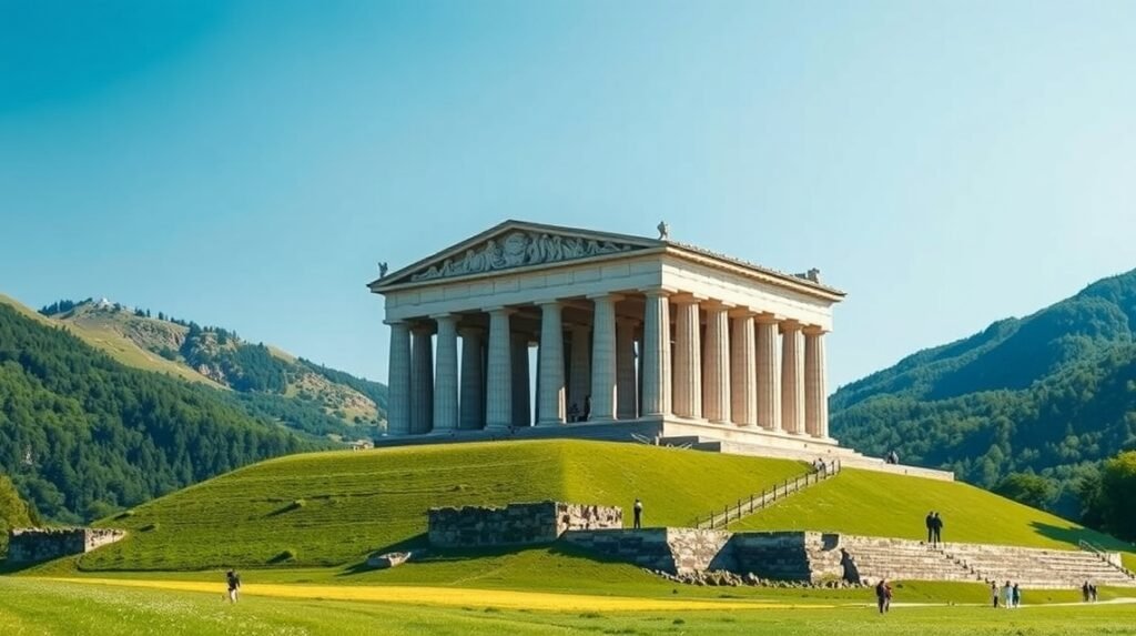 Kyffhäuser-emlékmű a Harz-hegységben, látogatók a tájban.