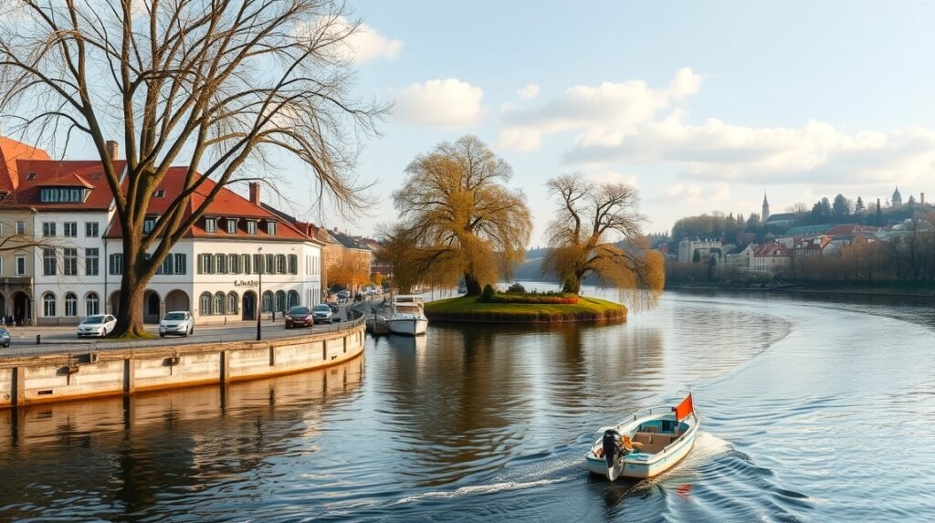 Csónakázás a Neckar folyón Tübingen városában, platánfák árnyékában.