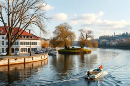 Csónakázás a Neckar folyón Tübingen városában, platánfák árnyékában.