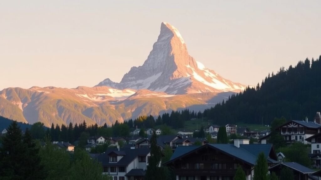 A Matterhorn hegy és Zermatt város látképe naplementében