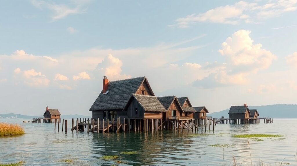 Cölöpházak a Bódeni-tó partján az Unteruhldingen Pfahlbau múzeumban.
