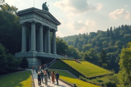 Hermann-emlékmű séta a Teutoburgi-erdőben, látogatókkal