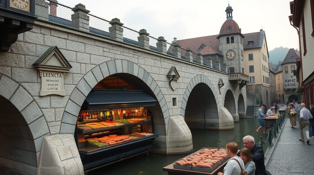 Regensburgi kőhíd és a világ legrégebbi kolbászosztója a Dunánál.