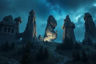 Externsteine sziklák éjszakai képe csillagok alatt