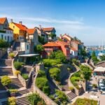 Blankenese lépcsőnegyede Hamburgban, mediterrán falura emlékeztető teraszos házakkal.