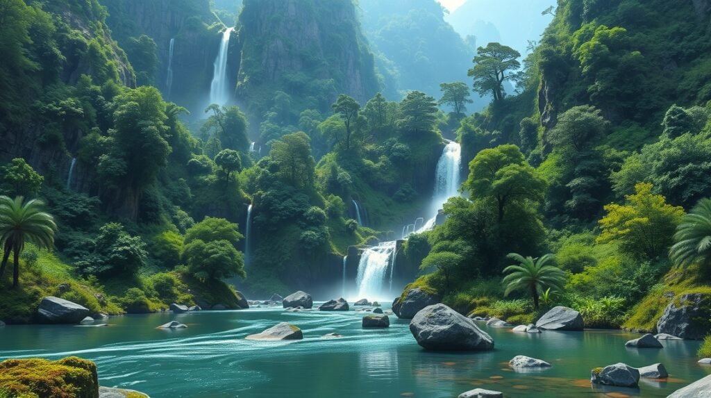 Gyönyörű Tatzuwurm-vízesések az Inn-völgyében, zöld fa és kék víz