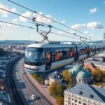 Wuppertali függővasút lebeg a város felett egy panoráma látványban