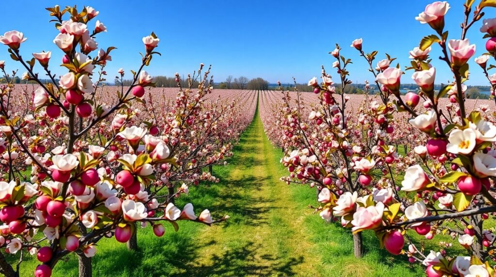 Virágzó almafák tavaszi pompájában Altes Land közelében, Hamburgnál.