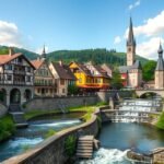 Landsberg am Lech bájos város és folyó látképe
