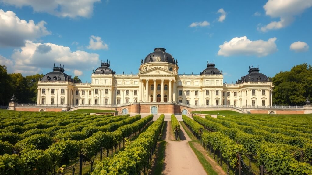 A Sanssouci kastély és lépcsőzetes szőlőkertek Potsdamban.