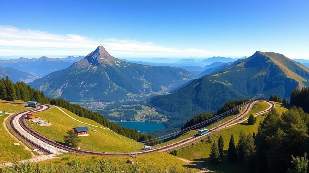 Luzern közelében található Pilatus és Rigi hegyei és vonatpályáik panorámája.