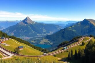 Luzern közelében található Pilatus és Rigi hegyei és vonatpályáik panorámája.