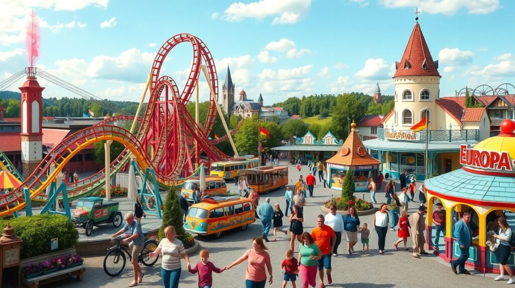 Europa-Park Rust vidámpark látványosságai és látogatói.