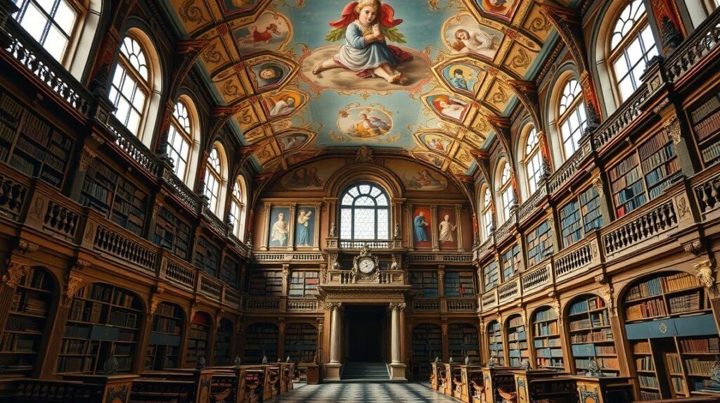Wiblingen kolostorkönyvtár rokokó mennyezeti freskókkal és könyvespolcokkal