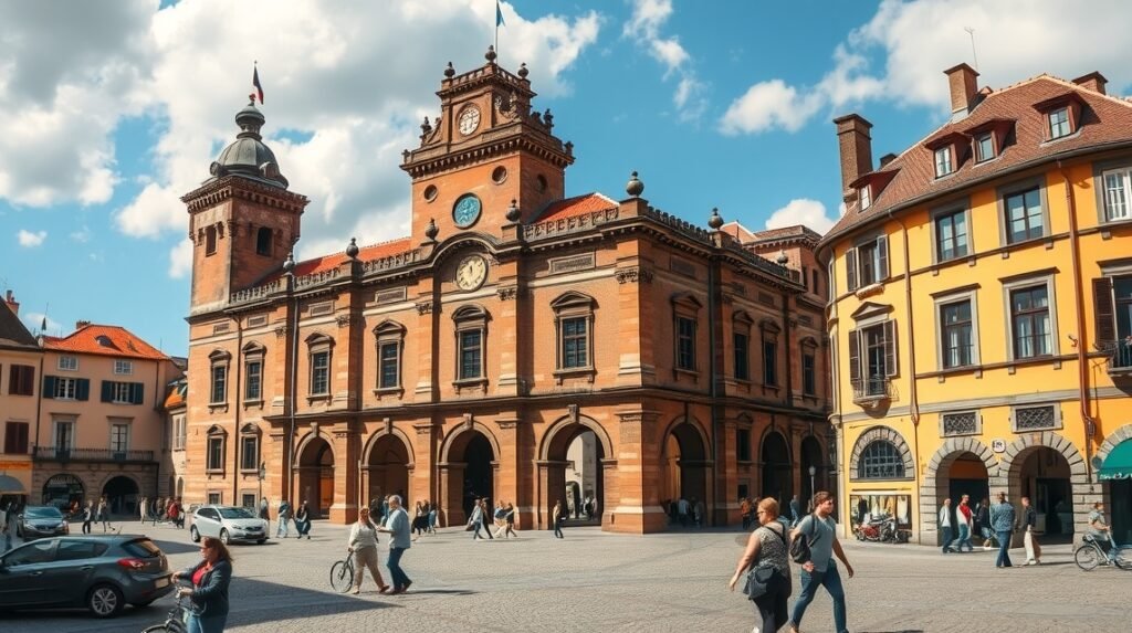 Trier városközpontja, a római város látványos épületeivel.