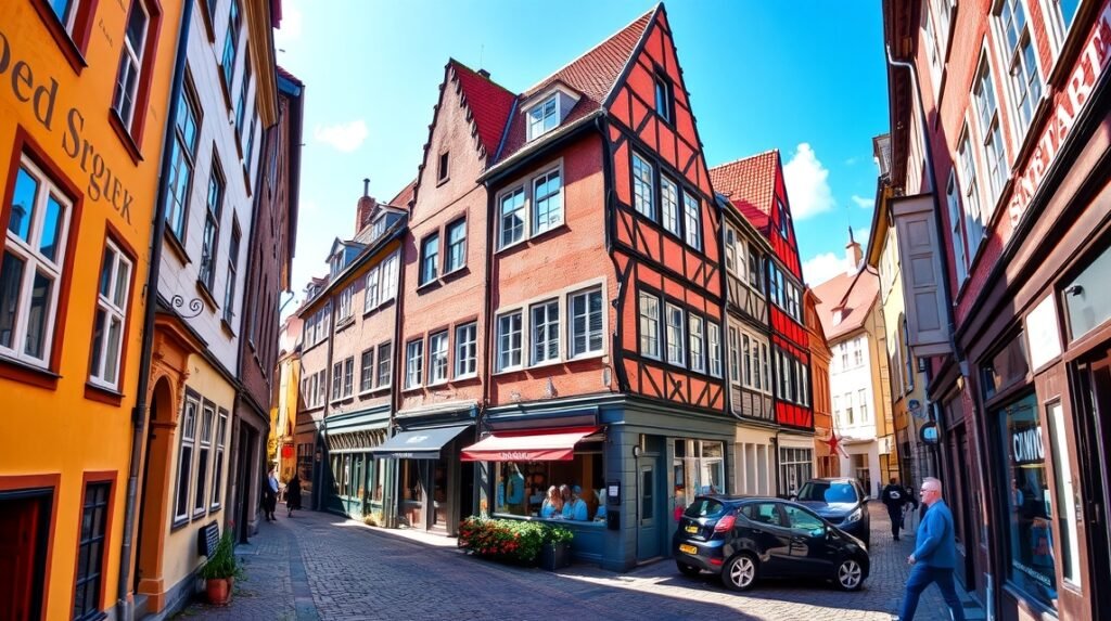 Középkori Schnoor negyed Bremenben, színes házak és szűk utcák.