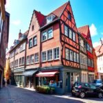 Középkori Schnoor negyed Bremenben, színes házak és szűk utcák.