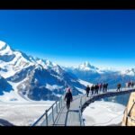 Séta a Titlis-gleccser függőhídján, lélegzetelállító alpesi kilátással.